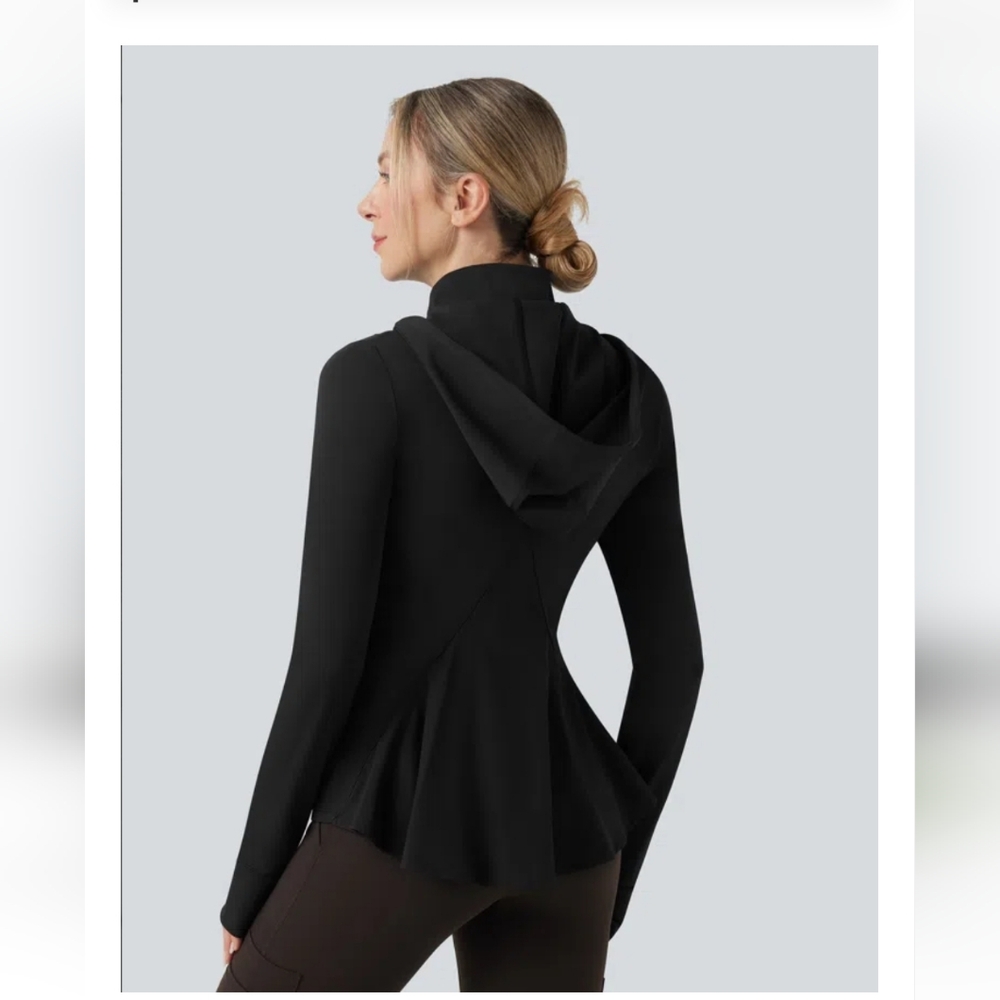 Halara NEW Removable Hood Thumb Holes Ruffle Hem Slim Hiking Jacket XS - Picture 7 of 8